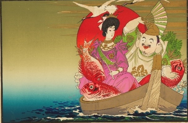 《日の出　船上の恵比寿　美人と鯛》